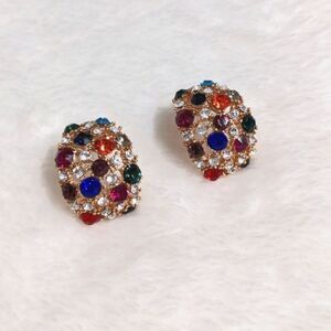 Vintage Multi Colored Rhinestone and Goldtone Half Hoop Pierced Earrings
